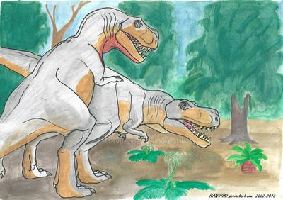 Prehistoric T_Rex Love
art by hanvii82arts
Keywords: dinosaur;theropod;tyrannosaurus_rex;trex;male;female;feral;M/F;from_behind;hanvii82arts