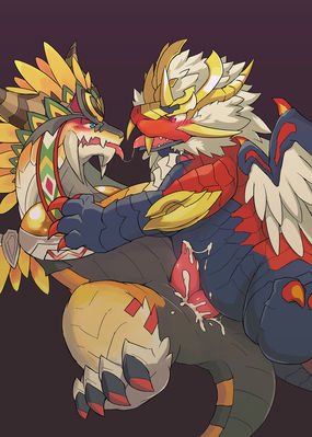 Shingen x Helianthus
art by flappydog
Keywords: videogame;puzzle_and_dragons;fire_samura_dragon_shingen;orange_flower_dragon;helianthus;dragon;male;anthro;M/M;penis;missionary;cloacal_penetration;spooge;flappydog