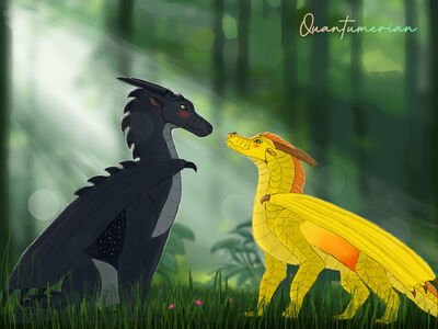 Sunny and Starflight (Wings_of_Fire)
art by quantumerian
Keywords: wings_of_fire;nightwing;sandwing;hybrid;starflight;sunny;dragon;dragoness;male;female;feral;M/F;romance;non-adult;quantumerian