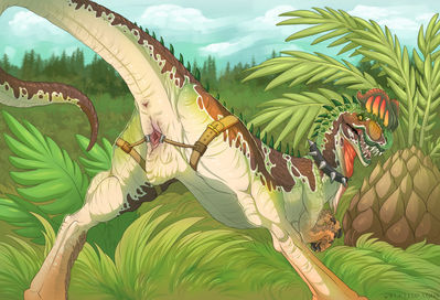 Dilophosaurus Exposed 2
art by qwertydragon
Keywords: videogame;ark_survival_evolved;dinosaur;theropod;dilophosaurus;female;feral;solo;vagina;presenting;bondage;spread;qwertydragon