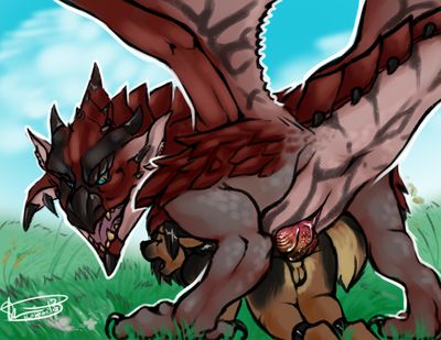 Rathalos Ambush
art by rokemi
Keywords: videogame;monster_hunter;dragon;wyvern;rathalos;feral;furry;canine;dog;anthro;male;M/M;penis;from_behind;anal;rokemi