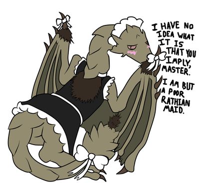 Rathian Maid
unknown artist
Keywords: videogame;monster_hunter;dragoness;wyvern;rathian;lusty_argonian_maid;female;anthro;solo;humor;non-adult