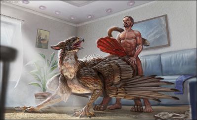 Gryphon Riding
art by red-izak
Keywords: beast;gryphon;female;feral;human;man;male;M/F;from_behind;suggestive;red-izak