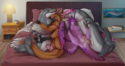 Phins in Bed (colored)
art by redraptor16
Keywords: dinosaur;theropod;raptor;deinonychus;gryphon;furry;cetacean;dolphin;male;female;feral;M/F;orgy;penis;vagina;cloaca;missionary;vaginal_penetration;redraptor16