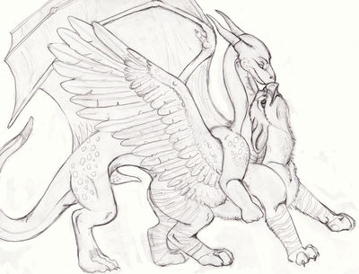 Dragon Mounts A Gryphon
art by rezzit
Keywords: dragon;gryphon;male;female;feral;M/F;penis;from_behind;suggestive;rezzit