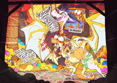 Qibli and Sunny 1 (Wings_of_Fire)
art by roksim
Keywords: wings_of_fire;sandwing;nightwing;hybrid;qibli;sunny;dragon;dragoness;male;female;feral;M/F;penis;from_behind;vaginal_penetration;spooge;roksim