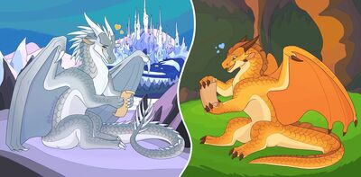 Hailstorm and Sunny (Wings_of_Fire)
art by romavoid
Keywords: wings_of_fire;icewing;nightwing;sandwing;hybrid;sunny;hailstorm;dragon;dragoness;male;female;feral;M/F;romance;non-adult;;romavoid