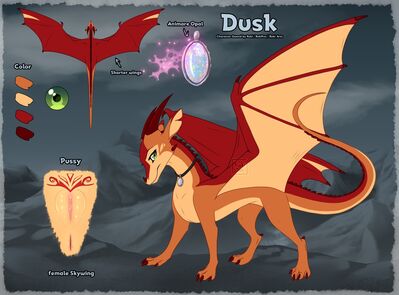 Dusk (Wings_of_Fire)
art by rukifox
Keywords: wings_of_fire;skywing;dragoness;female;feral;solo;vagina;closeup;reference;rukifox