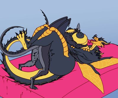 Fourclawz and Termite (Wings_of_Fire)
art by saidra
Keywords: wings_of_fire;hivewing;nightwing;hybrid;dragon;dragoness;male;female;anthro;breasts;M/F;penis;missionary;suggestive;saidra