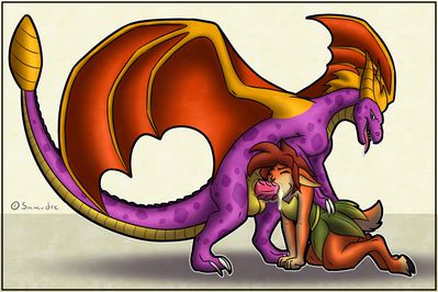 Spyro and Elora
art by samudre
Keywords: videogame;spyro_the_dragon;dragon;furry;faun;spyro;elora;male;female;feral;anthro;M/F;penis;oral;spooge;samudre