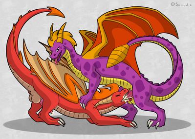 Spyro x Flame
art by samudre
Keywords: videogame;spyro_the_dragon;dragon;spyro;flame;male;anthro;M/M;penis;oral;spooge;samudre