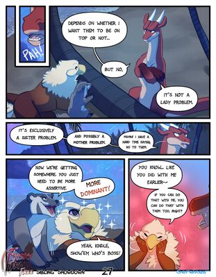 Sibling Showdown, page 27
art by sefeiren
Keywords: comic;dragon;gryphon;furry;badger;thistle;kindle;male;female;feral;frisky-ferals;non-adult;sefeiren