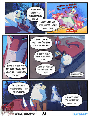 Sibling Showdown, page 31
art by sefeiren
Keywords: comic;dragon;gryphon;furry;badger;thistle;kindle;lily;lilith;male;female;feral;M/F;non-adult;frisky-ferals;sefeiren