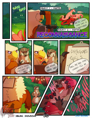 Sibling Showdown, page 38
art by sefeiren
Keywords: comic;dragon;dragoness;gryphon;furry;badger;thistle;lily;lilith;kindle;male;female;feral;M/F;threeway;suggestive;humor;frisky-ferals;sefeiren