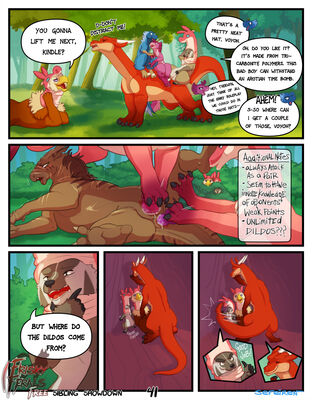 Sibling Showdown, page 41
art by sefeiren
Keywords: comic;dragon;gryphon;furry;badger;thistle;kindle;male;female;feral;M/F;humor;dildo;double_penetration;vaginal_penetration;anal;masturbation;frisky-ferals;sefeiren