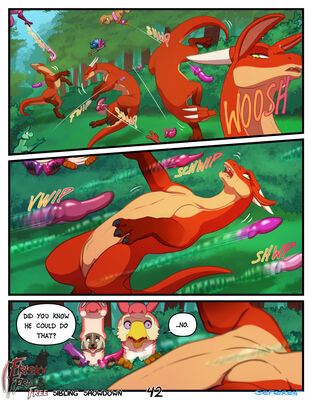 Sibling Showdown, page 42
art by sefeiren
Keywords: comic;dragon;gryphon;furry;badger;thistle;kindle;male;female;feral;M/F;humor;dildo;suggestive;frisky-ferals;sefeiren