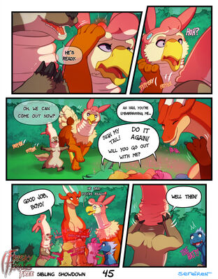 Sibling Showdown, page 45
art by sefeiren
Keywords: comic;dragon;gryphon;furry;badger;thistle;kindle;male;female;feral;M/F;humor;frisky-ferals;sefeiren