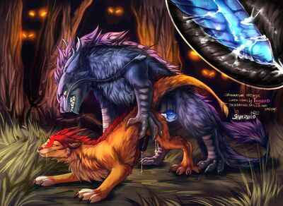 Drakony and Lesu
art by shimruno
Keywords: dragon;furry;canine;hybrid;male;feral;M/M;penis;from_behind;anal;internal;ejaculation;spooge;shimruno