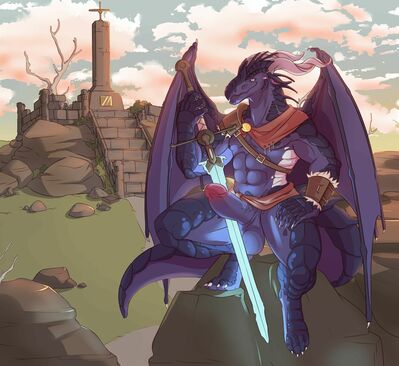 Hybrid Warrior (Wings_of_Fire)
art by shirrgna
Keywords: wings_of_fire;icewing;nightwing;hybrid;dragon;male;anthro;solo;penis;warrior;armor;spooge;shirrgna