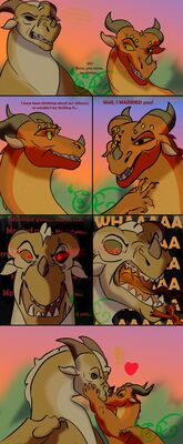 Burn and Scarlet First Date (Wings_of_Fire)
art by simplescalie
Keywords: wings_of_fire;sandwing;skywing;queen_scarlet;princess_burn;dragoness;female;feral;lesbian;suggestive;humor;spicyscalie