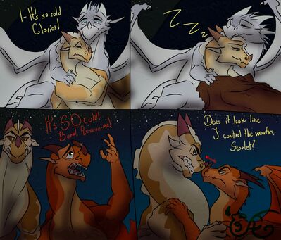 Sharing is Caring (Wings_of_Fire)
art by simplescalie
Keywords: wings_of_fire;sandwing;skywing;icewing;queen_glacier;queen_scarlet;princess_burn;princess_blister;dragoness;female;feral;solo;non-adult;humor;simplescalie