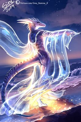 On The Beach (Wings_of_Fire)
art by sine_nomine_x
Keywords: wings_of_fire;icewing;nightwing;hybrid;dragoness;female;anthro;breasts;solo;suggestive;beach;sine_nomine_x