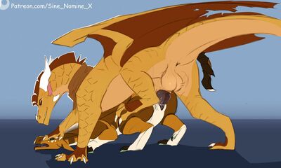 Sandwings Mating (Wings_of_Fire)
art by sine_nomine_x
Keywords: wings_of_fire;sandwing;dragon;dragoness;male;female;feral;M/F;penis;from_behind;vaginal_penetration;spooge;sine_nomine_x