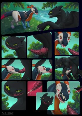 Toothless and Acrim (Wings_of_Fire)
art by slo1ka
Keywords: comic;how_to_train_your_dragon;httyd;wings_of_fire;skywing;night_fury;toothless;dragon;dragoness;male;female;feral;M/F;penis;oral;closeup;ejaculation;facial;spooge;slo1ka