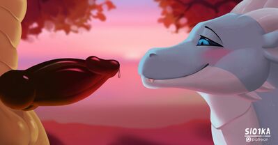 Winter and Qibli (Wings_of_Fire)
art by slo1ka
Keywords: wings_of_fire;icewing;sandwing;qibli;winter;dragon;male;feral;M/M;penis;oral;spooge;closeup;slo1ka