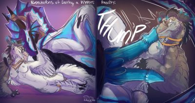 Expectations Versus Reality
art by hollyvardia
Keywords: dragon;wyvern;dinosaur;theropod;raptor;male;female;feral;anthro;breasts;M/F;penis;hemipenis;suggestive;humor;hollyvardia