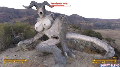 Femclaw in Heat
art by sowat-blend
Keywords: videogame;fallout;lizard;reptile;deathclaw;female;anthro;breasts;solo;vagina;cgi;sowat-blend
