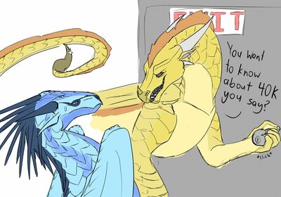 Hostage (Wings_of_Fire)
art by splatapple
Keywords: wings_of_fire;videogame;warhammer;icewing;sandwing;dragon;male;feral;solo;humor;meme;non-adult;splatapple
