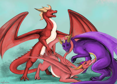 Ember Spitroasted
art by saebira
Keywords: videogame;spyro_the_dragon;spyro;ember;flame;dragon;dragoness;male;female;anthro;M/F;threeway;spitroast;penis;from_behind;oral;saebira