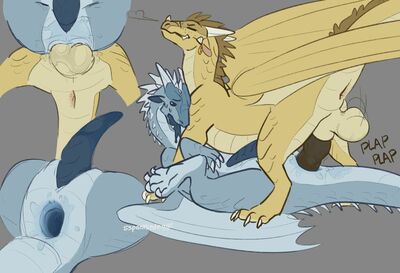 Qibli and Winter 1 (Wings_of_Fire)
art by sspeckledeggs
Keywords: wings_of_fire;icewing;sandwing;winter;qibli;dragon;male;feral;M/M;penis;from_behind;missionary;anal;spooge;sspeckledeggs