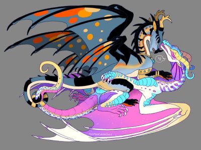 Chalybion and Marshmallow (Wings_of_Fire)
art by sspeckledeggs
Keywords: wings_of_fire;hivewing;rainwing;skywing;hybrid;dragon;dragoness;male;female;feral;M/F;penis;cowgirl;vaginal_penetration;sspeckledeggs