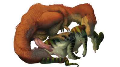Tyrannosaur and Corythosaurus
art by stygimoloch
Keywords: dinosaur;theropod;tyrannosaurus_rex;trex;hadrosaur;corythosaurus;male;female;feral;M/F;penis;vagina;from_behind;suggestive;spooge;vore;necro;stygimoloch