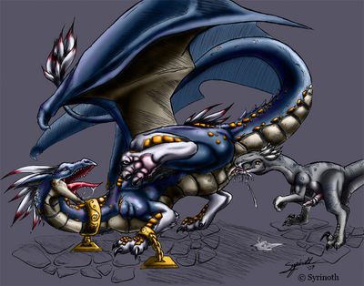 Dragon and Raptor
art by syrinoth
Keywords: dragon;dinosaur;theropod;raptor;male;female;feral;M/F;penis;bondage;oral;cloacal_penetration;spooge;syrinoth