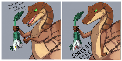 Screecher
art by THE_CReePer.
Keywords: dinosaur;theropod;raptor;velociraptor;spinosaurus;feral;humor;non-adult;THE_CReePer.