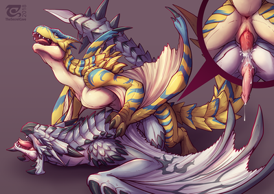 Rathalos and Tigrex Having Sex
art by the_secret_cave
Keywords: videogame;monster_hunter;dragon;wyvern;rathalos;tigrex;male;feral;M/M;penis;from_behind;anal;closeup;spooge;the_secret_cave