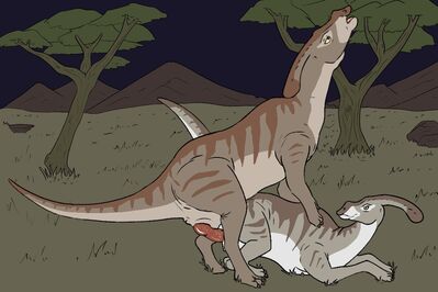 Mating Parasaurolophus
art by tinyterrible
Keywords: dinosaur;hadrosaur;parasaurolophus;male;female;feral;M/F;penis;from_behind;suggestive;tinyterrible