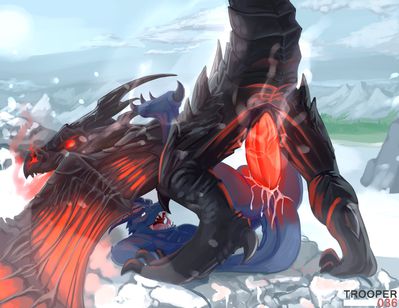 Alduin and Argonian
art by trooper036
Keywords: videogame;skyrim;dragon;wyvern;alduin;argonian;male;feral;anthro;M/M;penis;missionary;anal;spooge;trooper036