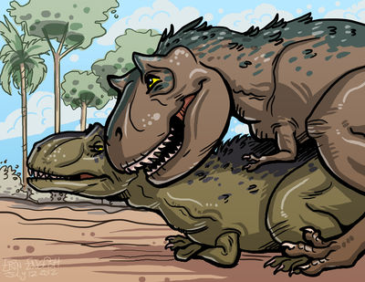 Tyrannosaur Mating Pose
unknown artist
Keywords: dinosaur;theropod;tyrannosaurus_rex;trex;male;female;anthro;M/F;from_behind