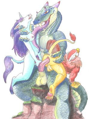 Mythical Threesome
unknown artist
Keywords: dragon;gryphon;furry;equine;unicorn;male;female;anthro;breasts;M/F;M/M;threeway;penis;hemipenis;double_penetration;cowgirl;anal;vaginal_penetration