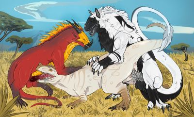 Allosaur Spitroasted
art by verger
Keywords: dragon;felkin;dinosaur;theropod;allosaurus;male;female;feral;M/F;M/M;threeway;spitroast;penis;from_behind;vaginal_penetration;oral;spooge;verger