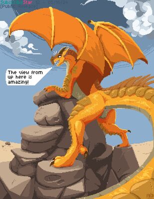 Sunny Pixel Art (Wings_of_Fire)
art by welcometothevoid or mustard
Keywords: wings_of_fire;sandwing;nightwing;hybrid;sunny;dragoness;female;feral;solo;cloaca;welcometothevoid
