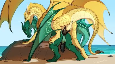 Qibli and Turtle 1 (Wings_of_Fire)
art by wrappedvi
Keywords: wings_of_fire;sandwing;seawing;qibli;turtle;dragon;male;feral;M/M;penis;from_behind;anal;beach;spooge;wrappedvi