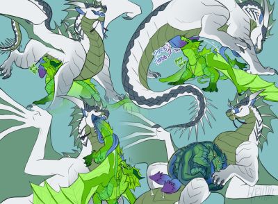 Eat Your Greens 2 (Wings_of_Fire)
art by wriithe
Keywords: wings_of_fire;icewing;rainwing;leafwing;hybrid;dragon;male;feral;M/M;penis;oral;vore;internal;wriithe