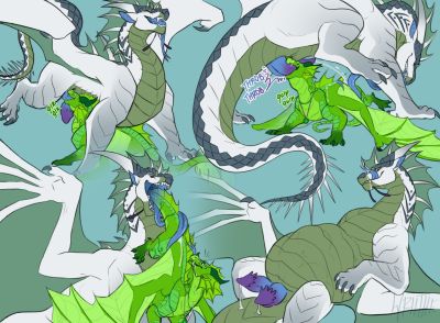 Eat Your Greens (Wings_of_Fire)
art by wriithe
Keywords: wings_of_fire;icewing;rainwing;leafwing;hybrid;dragon;male;feral;M/M;penis;oral;vore;wriithe