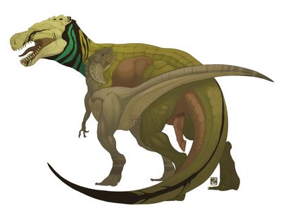TRex and Allosaurus
art by zaelis
Keywords: dinosaur;theropod;tyrannosaurus_rex;trex;allosaurus;male;female;feral;M/F;penis;cloaca;spooge;from_behind;zaelis