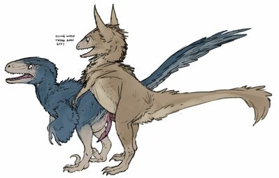 Raptor Mounted
art by zw3
Keywords: dinosaur;theropod;raptor;hybrid;male;feral;M/M;penis;from_behind;anal;zw3